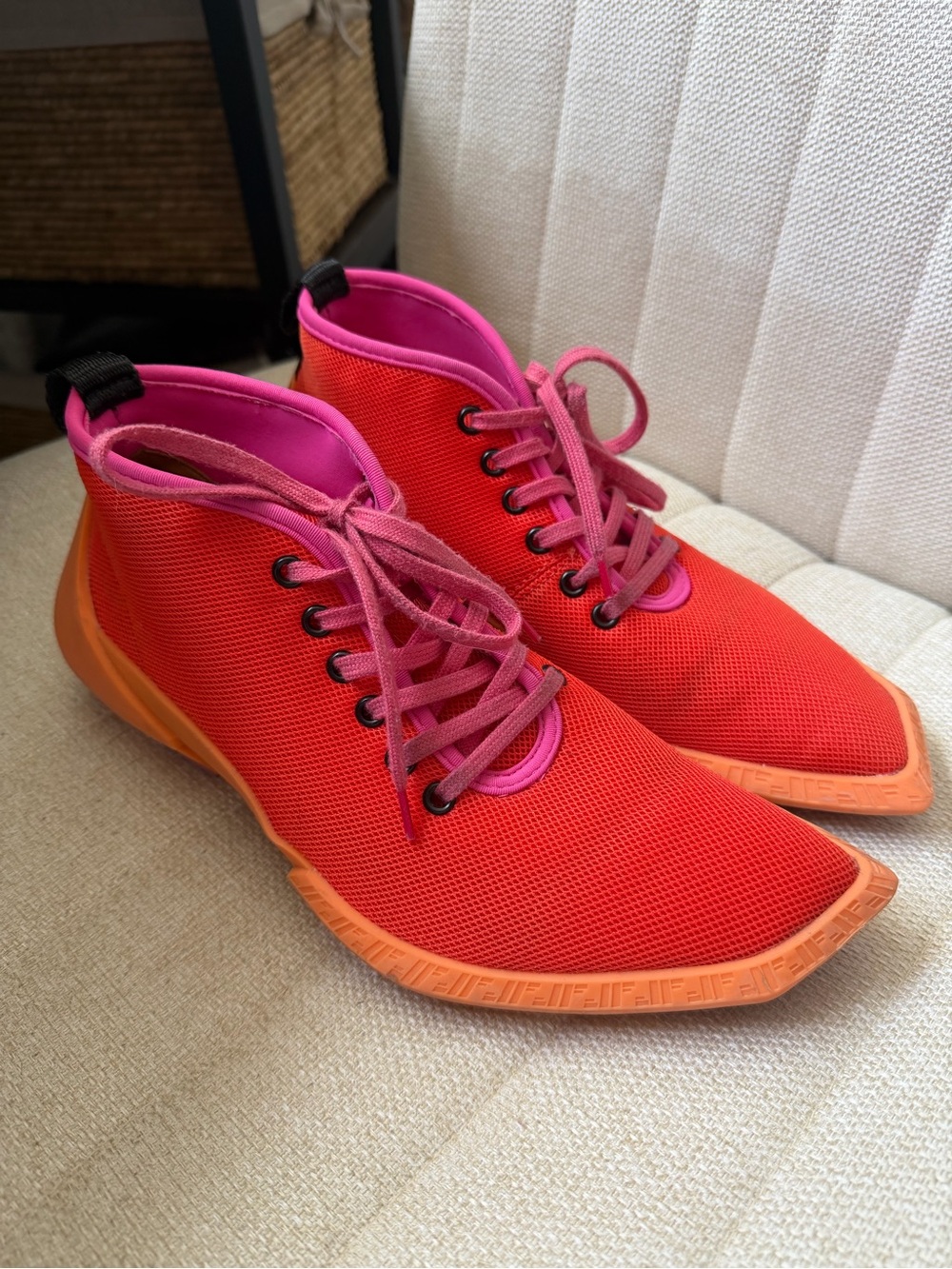 John Fluevog Orange-Red Sneakers with Pink Accents